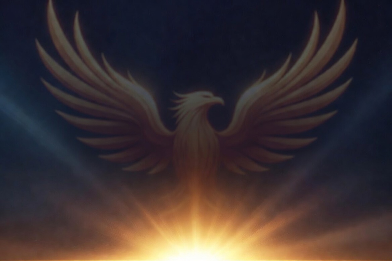 Phoenix rising from golden sunrise