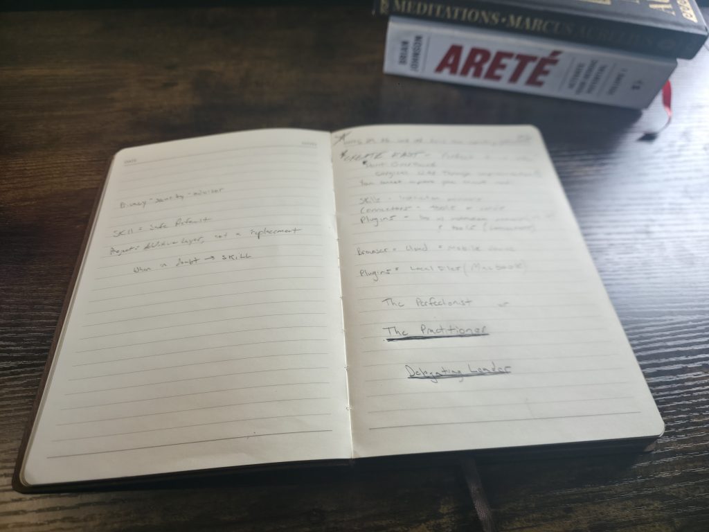 Open handwritten journal on a dark wood desk beside Marcus Aurelius's Meditations and Brian Johnson's Areté